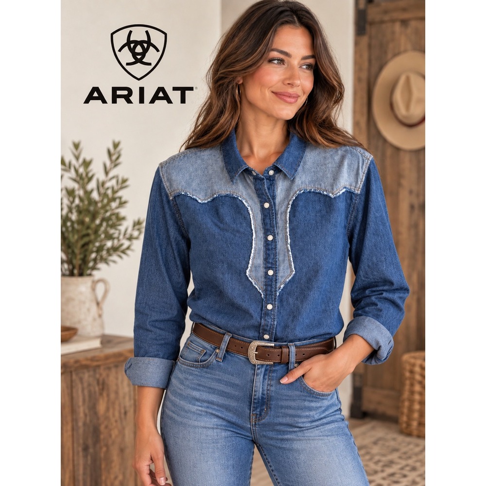Ariat Womens Two Tone Denim Western Shirt Fringe Yoke Blue Cotton XL Long Sleeve